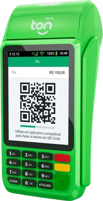 Maquininha Ton T3, com impressora de comprovante, vista de lado